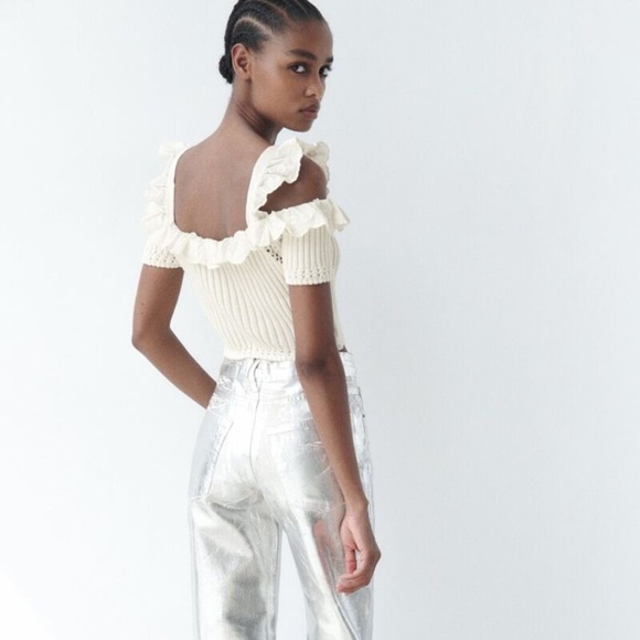 Zara Cold Shoulder Knit Cropped Sweater Ruffle Tie Top Size Large - Picture 2 of 7